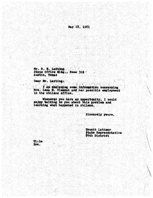 [Letter from Truett Latimer to R. B. Latting, May 18, 1961]