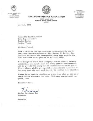[Letter from Homer Garrison, Jr. to Truett Latimer, March 3, 1961]