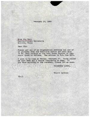 [Letter from Truett Latimer to Jim Tart, February 18, 1959]