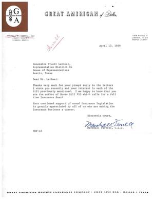 [Letter from Marshall Farrell to Truett Latimer, April 13, 1959]