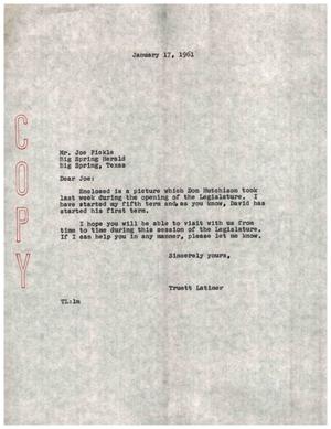 [Letter from Truett Latimer to Joe Pickle, January 17, 1961]