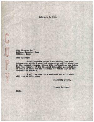 [Letter from Truett Latimer to Kathryn Duff, Februray 6, 1961]