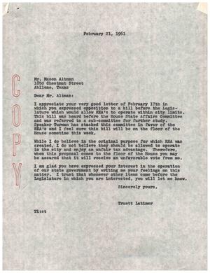 [Letter from Truett Latimer to Mason Altman, February 21, 1961]