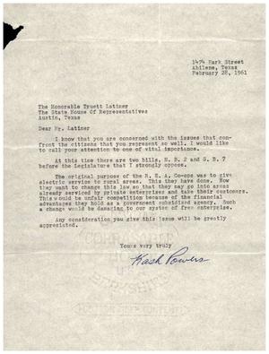 [Letter from Kash Powers to Truett Latimer, February 28, 1961]