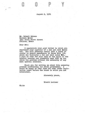 [Letter from Truett Latimer to Robert McLean, August 2, 1961]