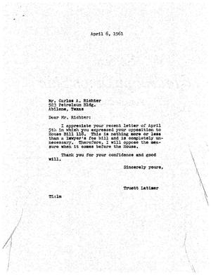 [Letter from Truett Latimer to Carlos A. Richter, April 6, 1961]