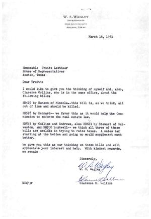 [Letter from W. S. Wagley to Truett Latimer, March 16, 1961]