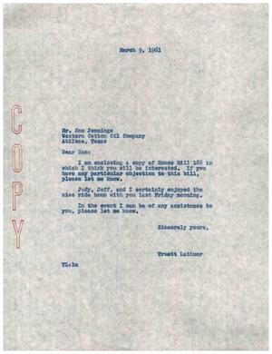 [Letter from Truett Latimer to Sam Jennings, March 9, 1961]