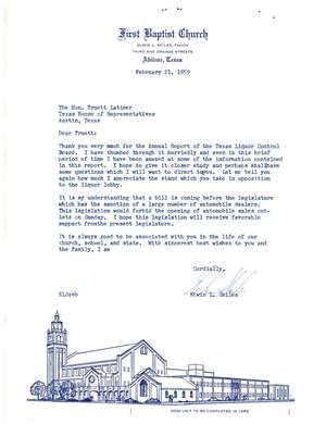 [Letter from Elwin L. Skiles to Truett Latimer, February 21, 1959]