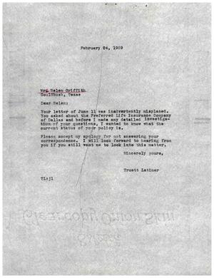 [Letter from Truett Latimer to Mrs. Helen Griffith, February 24, 1959]