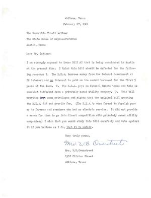 [Letter from Mrs. W. B. Overstreet to Truett Latimer, February 27, 1961]