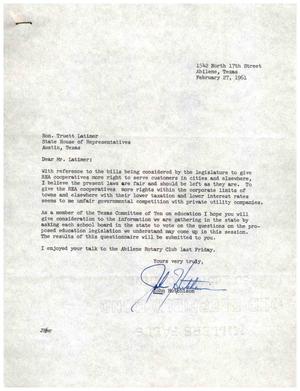 [Letter from John Hutchison to Truett Latimer, February 27, 1961]