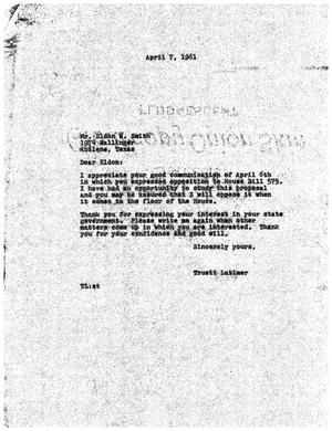 [Letter from Truett Latimer to Eldon W. Smith, April 7, 1961]