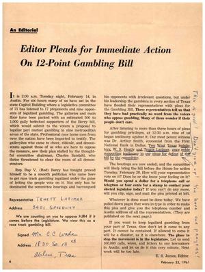 Primary view of object titled '[Clipping: Editor Pleads for Immediate Action On 12-Point Gambling Bill -- Signed by C. C. Wade]'.