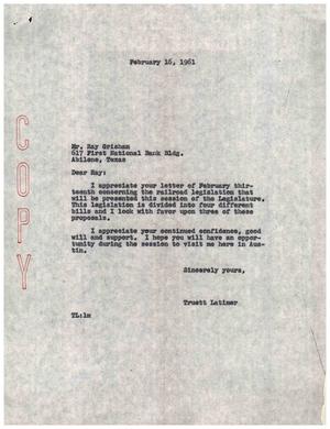 [Letter from Truett Latimer to Ray Grisham, February 16, 1961]