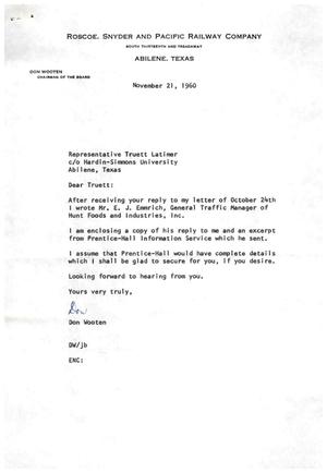 [Letter from Don Wooten to Truett Latimer, November 21, 1960]