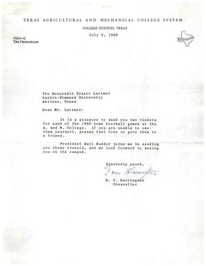 [Letter from M. T. Harrington to Truett Latimer, July 9, 1960]