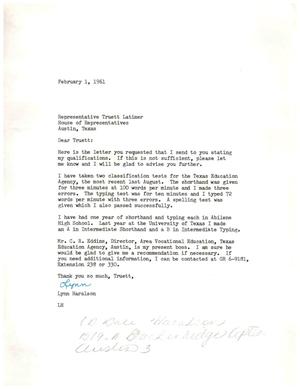 [Letter from Lynn Haralson to Truett Latimer, February 1, 1961]