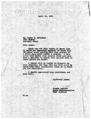 [Letter from Truett Latimer to James E. Robinson, April 10, 1961]