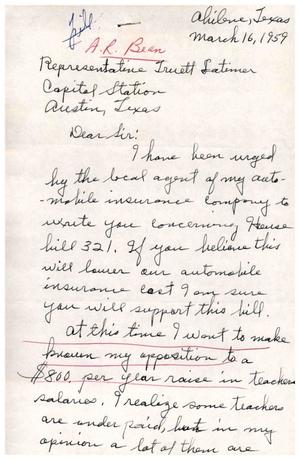 [Letter from A. R. Bean to Truett Latimer, March 16, 1959]
