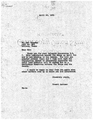 [Letter from Truett Latimer to Mel Thurman, April 10, 1961]