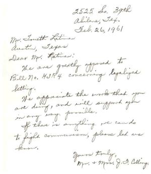 [Letter from Mr. and Mrs. J. F. Colling to Truett Latimer, February 26, 1961]