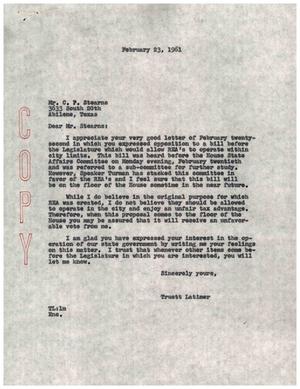 [Letter from Truett Latimer to C. P. Stearns, February 23, 1961]