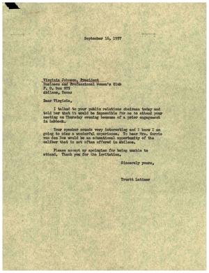 [Letter from Truett Latimer to Virginia Johnson, September 16, 1957]