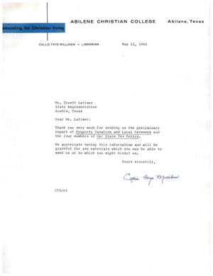 [Letter from Calli Faye Milliken to Truett Latimer, May 12, 1961]