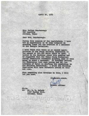 [Letter from Truett Latimer to Mrs. Dallas Scarborough, April 10, 1961]