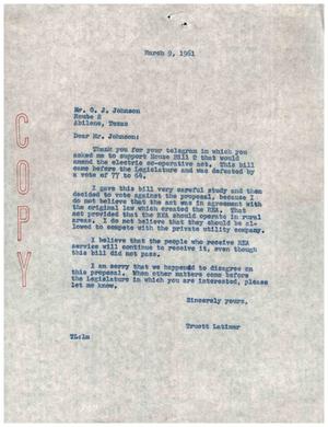 [Letter from Truett Latimer to O. J. Johnson, March 9, 1961]
