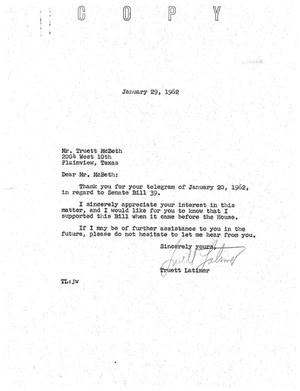 [Letter from Truett Latimer to Truett McBeth, January 29, 1962]