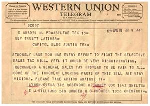 [Telegram to Truett Latimer in Opposition to the Selective Sales Tax Bill, April 15, 1959]