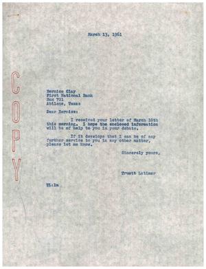 [Letter from Truett Latimer to Bernice Clay, March 13, 1961]