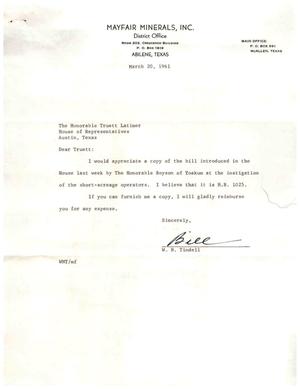 [Letter from W. N. Tindell to Truett Latimer, March 20, 1961]