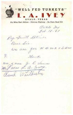 [Letter from Mr. and Mrs. L. A. Ivey to Truett Latimer, February 18, 1961]