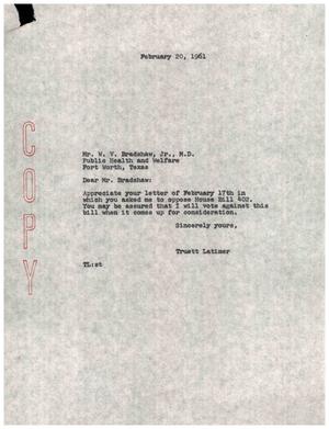 [Letter from Truett Latimer to W. V. Bradshaw, Jr., February 20, 1961]