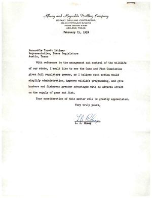 [Letter from L. A. Rheay to Truett Latimer, February 23, 1959]