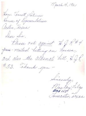 [Letter from Mrs. Roy Filgo to Truett Latimer, March 14, 1961]