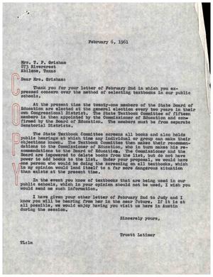 [Letter from Truett Latimer to Mrs. T. F. Grisham, February 6, 1961]