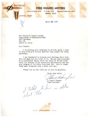 [Letter from J. Harold Hughes to Truett Latimer, March 29, 1961]