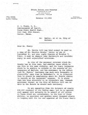 [Letter from Tom K. Eplen to J. E. Peavy, October 12, 1960]