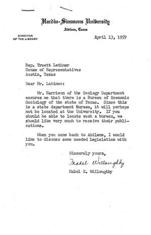 [Letter from Mabel E. Willoughby to Truett Latimer, April 13, 1959]