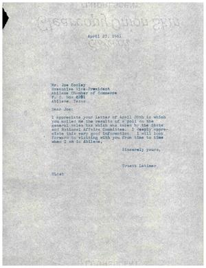 [Letter from Truett Latimer to Joe Cooley, April 27, 1961]