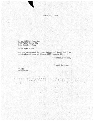 [Letter from Truett Latimer to Billie Jean Key, April 10, 1959]