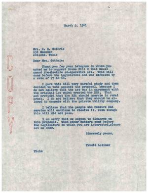 [Letter from Truett Latimer to Mrs. D. B. Guthrie, March 9, 1961]