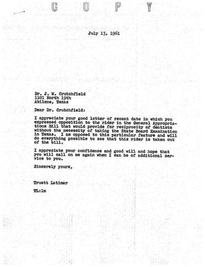 Primary view of object titled '[Letter from Truett Latimer to J. W. Crutchfield, July 13, 1961]'.