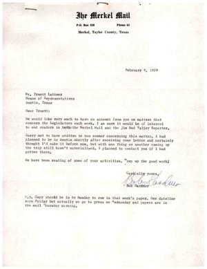 [Letter from Bob Gardner to Truett Latimer, February 9, 1959]