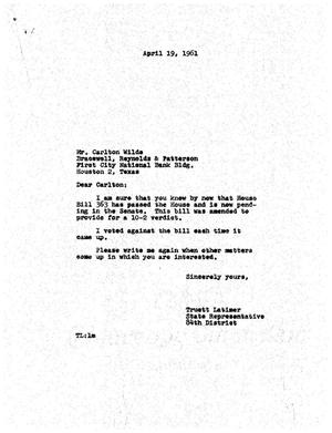 [Letter from Truett Latimer to Carlton Wilde, April 19, 1961]