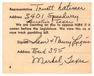 [Postcard from Sam and Nancy Ligon to Truett Latimer, 1961]